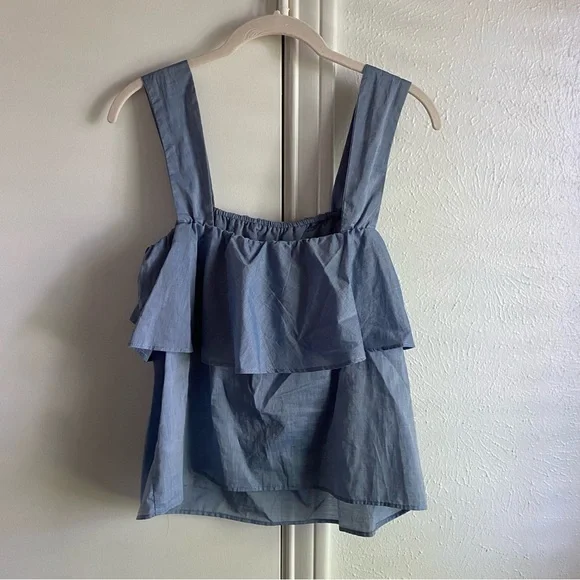 Who What Wear Tiered Chambray Blue Tank Top - Picture 3 of 16